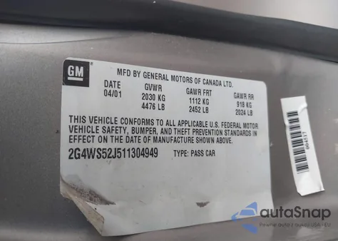 2001 Buick Century Custom from USA, damaged, VIN 2G4WS52J511304949